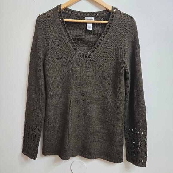Chicos Womens Goblin Boho Forest Green Crotchet Trim Knit V-Neck Sweater Size 1 - Picture 1 of 12
